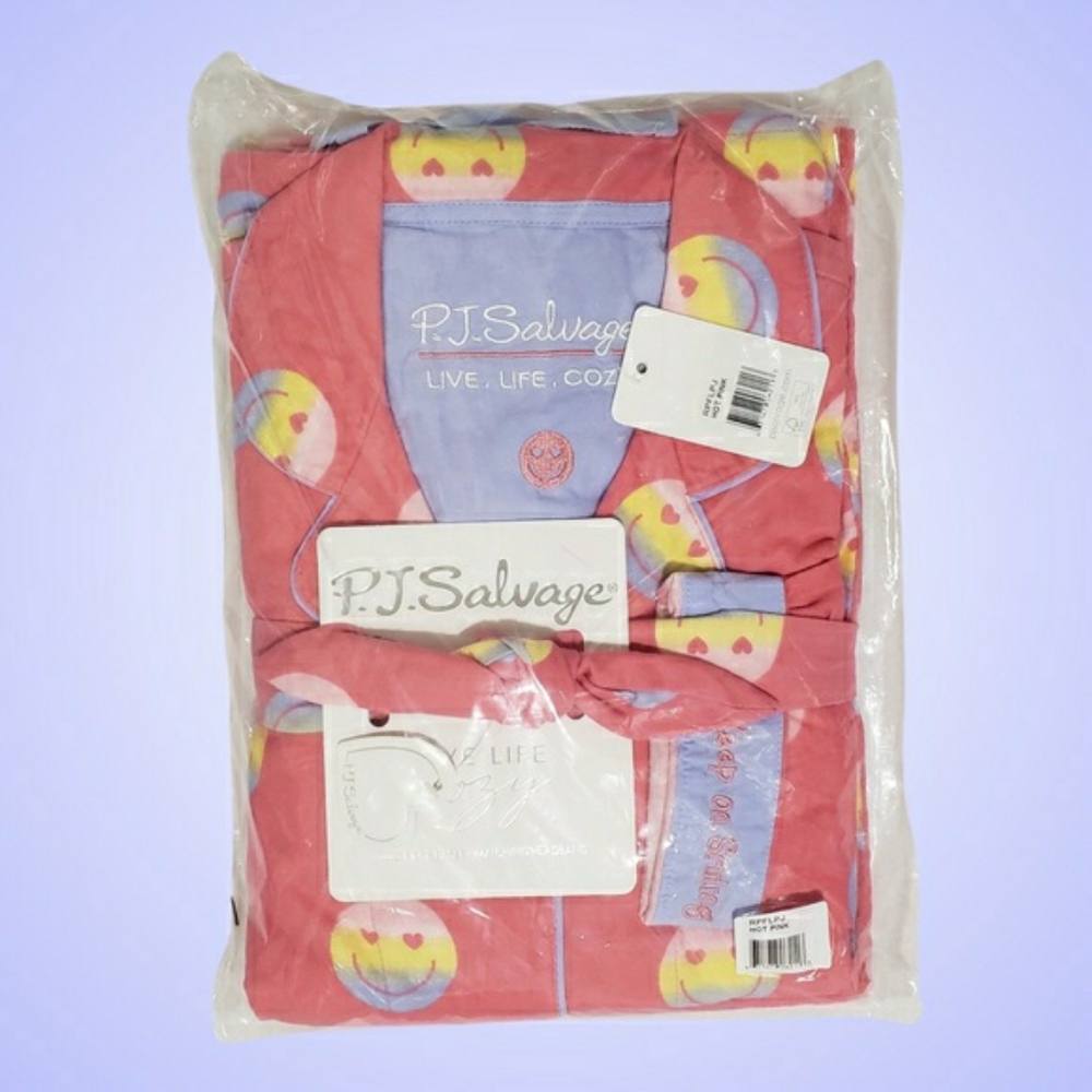 PJ Salvage Flannel Pajama Set Large Keep On Smiling Pink Top/Pants/Headband 😃